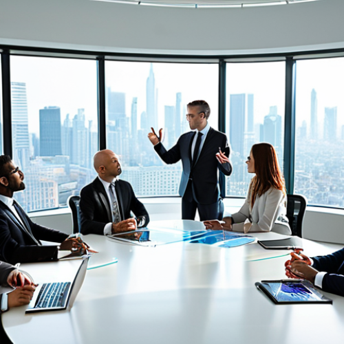 Home 22 **
A high-powered, diverse management team around a polished conference table, illuminated by natural light from large windows overlooking a cityscape. They are engaged in a lively but professional discussion, gesturing towards a holographic projection of a rising financial graph. Modern office setting, sharp focus, dynamic composition.
**