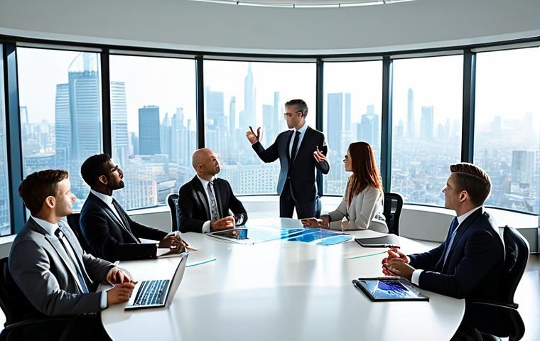 **
A high-powered, diverse management team around a polished conference table, illuminated by natural light from large windows overlooking a cityscape. They are engaged in a lively but professional discussion, gesturing towards a holographic projection of a rising financial graph. Modern office setting, sharp focus, dynamic composition.
**