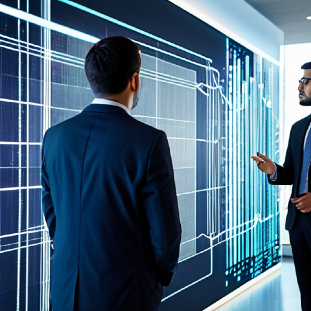 A diverse team of professional executives, fully clothed in modest business suits, stand around a glowing holographic projection of complex data streams and AI algorithms in a modern, high-tech boardroom. One executive points thoughtfully at the intricate data visualizations, while others observe intently, representing strategic technology integration and data-driven decision-making. The background features sleek, minimalist architecture with subtle technological elements. This image embodies advanced analytics and digital transformation, appropriate content, safe for work, perfect anatomy, correct proportions, natural pose, well-formed hands, proper finger count, natural body proportions, professional photography, high quality.