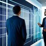 A diverse team of professional executives, fully clothed in modest business suits, stand around a glowing holographic projection of complex data streams and AI algorithms in a modern, high-tech boardroom. One executive points thoughtfully at the intricate data visualizations, while others observe intently, representing strategic technology integration and data-driven decision-making. The background features sleek, minimalist architecture with subtle technological elements. This image embodies advanced analytics and digital transformation, appropriate content, safe for work, perfect anatomy, correct proportions, natural pose, well-formed hands, proper finger count, natural body proportions, professional photography, high quality.