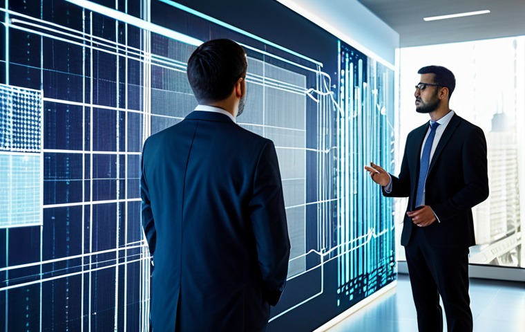 A diverse team of professional executives, fully clothed in modest business suits, stand around a glowing holographic projection of complex data streams and AI algorithms in a modern, high-tech boardroom. One executive points thoughtfully at the intricate data visualizations, while others observe intently, representing strategic technology integration and data-driven decision-making. The background features sleek, minimalist architecture with subtle technological elements. This image embodies advanced analytics and digital transformation, appropriate content, safe for work, perfect anatomy, correct proportions, natural pose, well-formed hands, proper finger count, natural body proportions, professional photography, high quality.