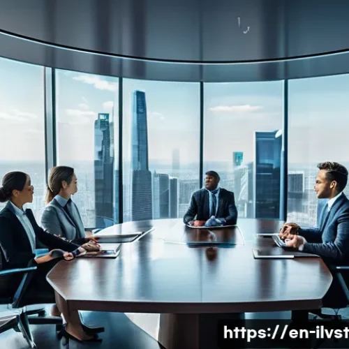 Home 19 사모펀드의 성과 및 검토 방법론 - A sophisticated corporate boardroom scene with diverse professionals analyzing large digital screens...