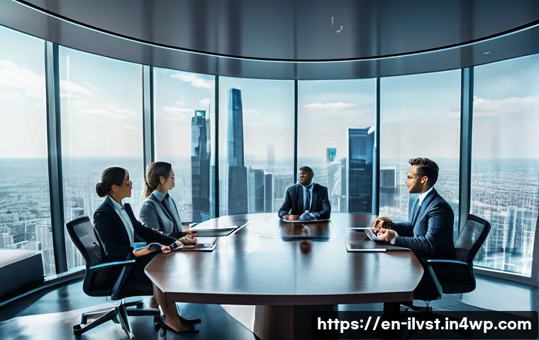 사모펀드의 성과 및 검토 방법론 - A sophisticated corporate boardroom scene with diverse professionals analyzing large digital screens...