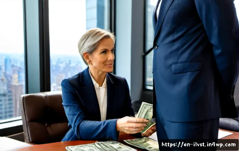 Home 15 사모펀드 투자에 대한 전문가의 조언 - Photorealistic private equity advisor in a tailored navy suit meeting with a middle-aged American in...